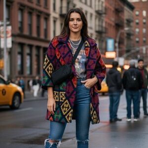 Dazzle Bright Southwestern Pattern Wool Blend 3/4 Sleeve Coat Size XS